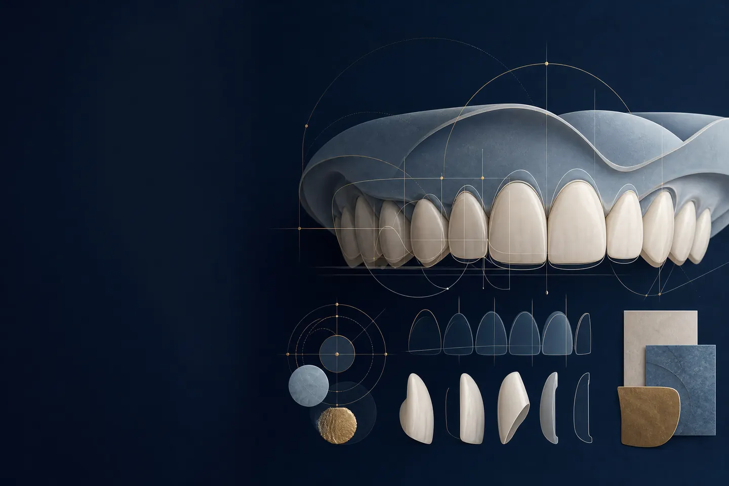 Ilustración conceptual de proporciones y planificación estética para lentes cerámicos